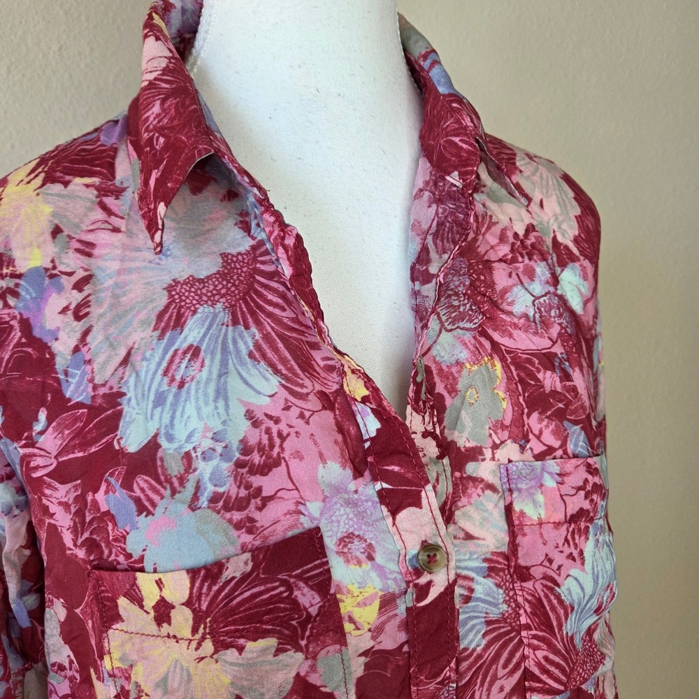 Pilcro Women XS Floral Button Down Shirt Burgundy Pink Long Sleeve Modal Top - Picture 2 of 6